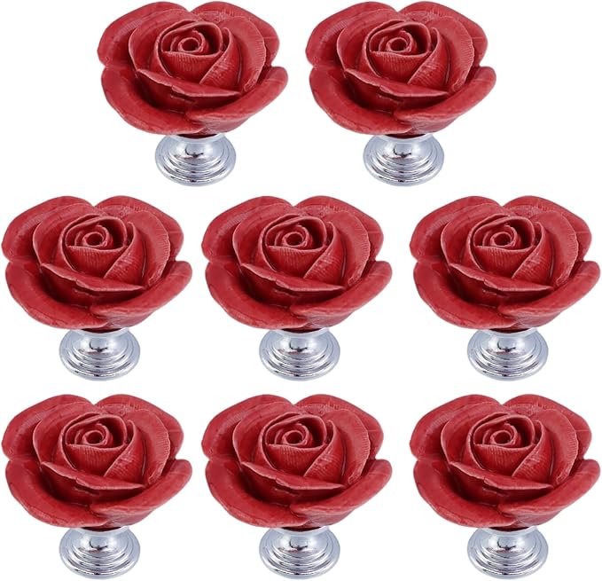 8PCS 1.57" × 1.38" Ceramics Begonia Red Rose with Base Knobs Flower Shaped Pulls for Cupboard Drawer, with 2 Kinds of Screws