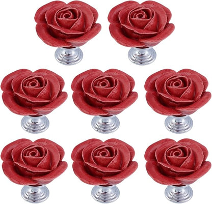 8PCS 1.57" × 1.38" Ceramics Begonia Red Rose with Base Knobs Flower Shaped Pulls for Cupboard Drawer, with 2 Kinds of Screws