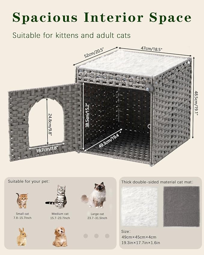 Cat Beds for Indoor Cats Extra Large Double Cat Cave Pet Cube, Handwoven Rattan Cat Houses with Double-Sided Soft Cushions, 18.5 x 20.5 x 19.1 Inches Foldable Hideaway in Living Room Gray-Mewly Pet