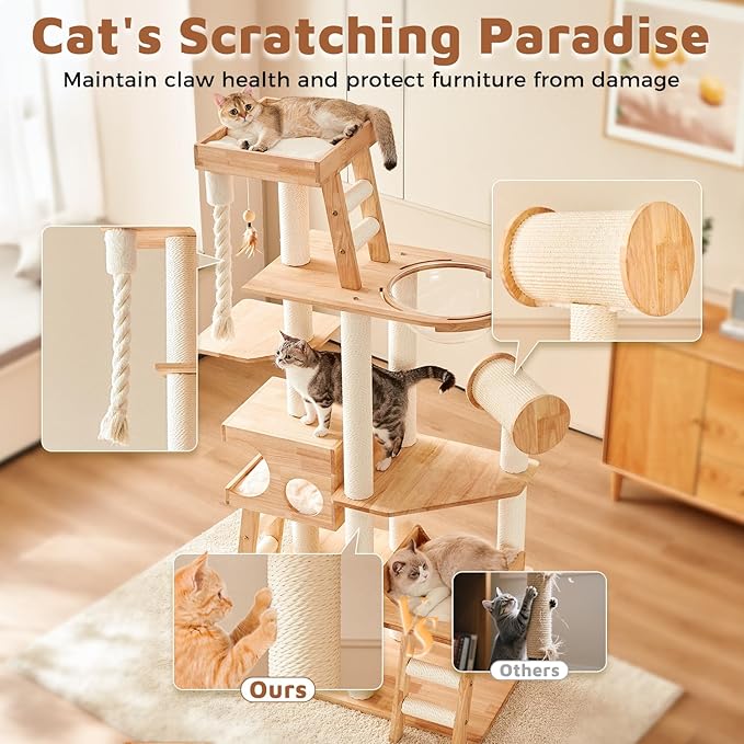 Wood Cat Tree for Indoor Cats, Modern Cat Tower, Unique Cat Condo with House, Tall Luxury Furniture with Heavy Duty Wide Base, Kraft Paper Rope Scratching Post, Removable Cushion (74.8-inch)-Mewly Pet