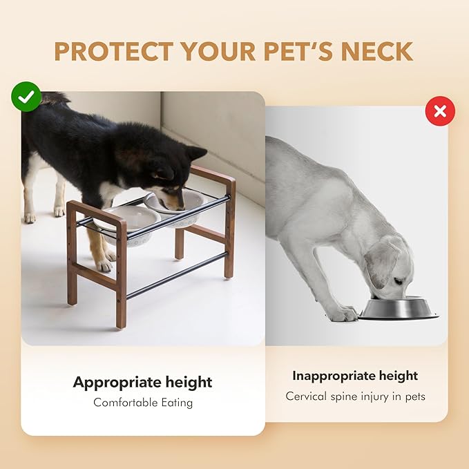 7.1inch Ceramic Adjustable Raised Double Bowls Set with Stand, 3 Heights Elevated, 2 Placement Options,Food and Water Bowls for Medium and Large Dog(Reactived Glaze -White)-Mewly Pet