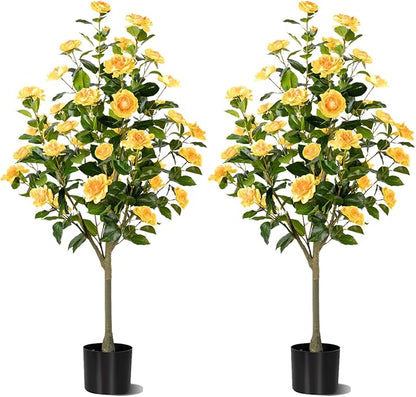 Artificial Camellia Tree 2 Pack, Artificial Plants Outdoor Faux Floral Plant in Cement Pot Fake Silk Camellia Tree Plants for Home House Living Room Office Decor