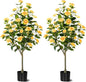 Artificial Camellia Tree 2 Pack, Artificial Plants Outdoor Faux Floral Plant in Cement Pot Fake Silk Camellia Tree Plants for Home House Living Room Office Decor