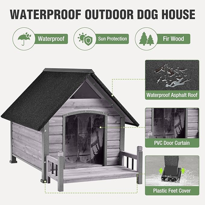 Dog House Outdoor with Anti-Chewing Iron Frame, Weatherproof Dog Kennel for Small Medium Large Dogs Indoor (Grey, 45" x 32.9" x 32.6")-Mewly Pet