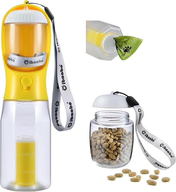 Dog Water Bottle with Food Container & Poop Bag Holder, Travel Water Bowl, Portable Pet Dispenser, Dog Stuff Accessories Items, Puppy Essentials Necessities for Yorkie Chihuahua Walking Hiking-Mewly Pet