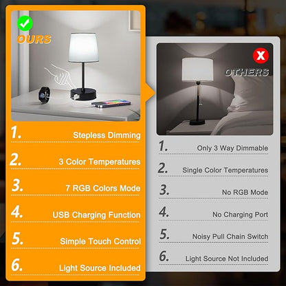 Ascher Small Bedside Table lamp Set of 2, RGB Color Changing Lamps, 3 Color Temperatures Nightstand Lamps with USB C and A Ports, Touch Dimmable Desk Lamp for Bedroom Living Room(White Shade)