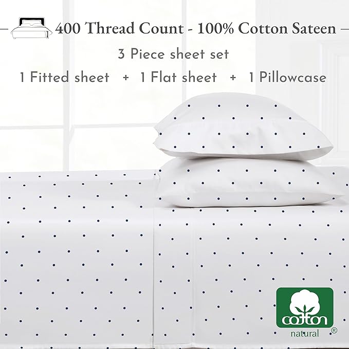 California Design Den Printed Twin XL Sheet Sets - 400 Thread Count Sateen, Natural 100% Cotton Sheets, Deep Pockets, Cooling and Durable Bedding Set - Polka Dot