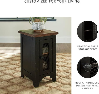 Signature Design by Ashley Valebeck Rustic Farmhouse Chair Side End Table with Cabinet Door, Distressed Black