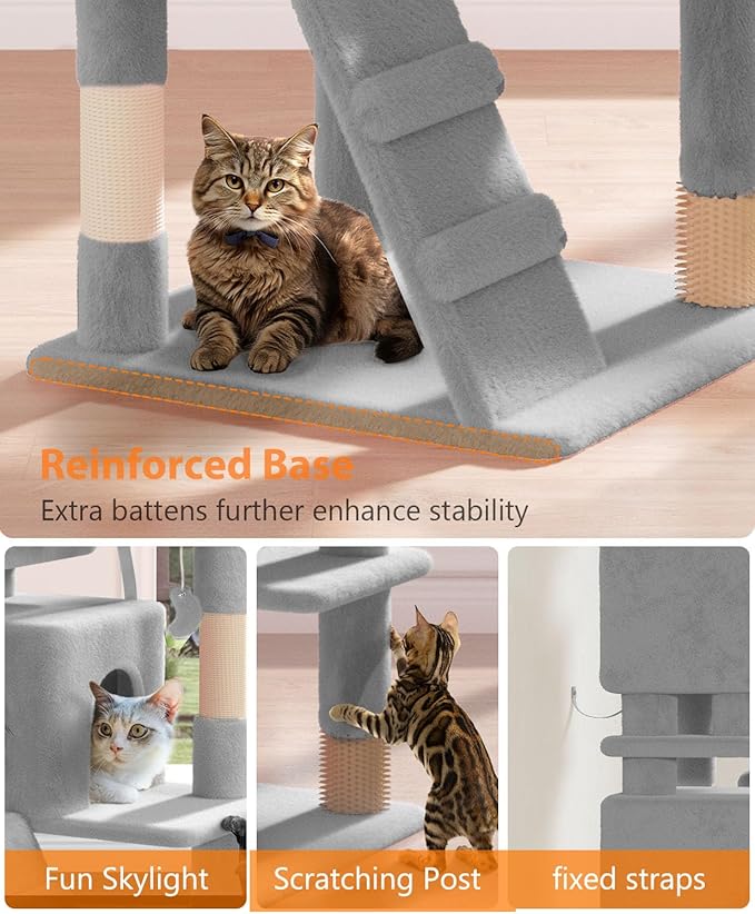 54" Cat Tree Tower for Indoor Cats Large Adult,Cute/Tall Modern Cat Tree for Big Cats 20 lbs, Plush Multi-Level Cat Condo with Scratching Posts, Dangling Ball for Fun (Light Gray, 54 inch)-Mewly Pet