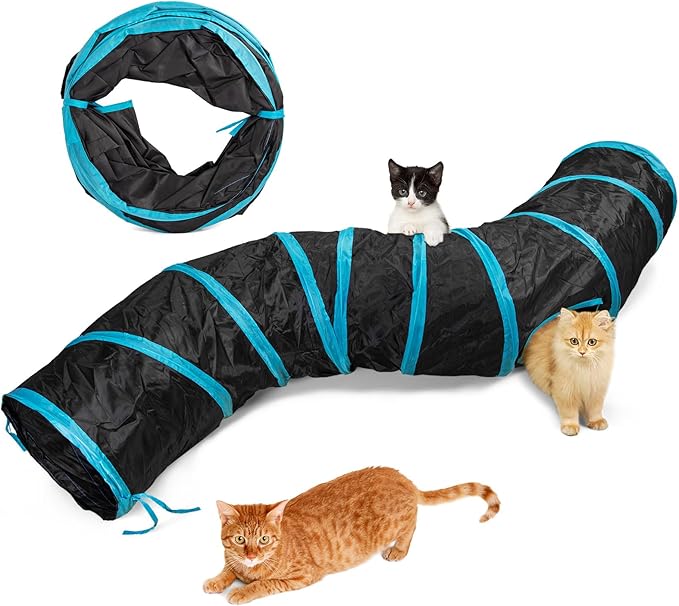 Cat Tunnel, S-2-Way Cat Tunnels for Indoor Cats, Interactive Toy Maze Cat House, Foldable Cat Tubes and Tunnels for Cats Kittens, Puppies, Kitty, Kitten, Rabbit, Guinea Pigs (Blue & Black)-Mewly Pet