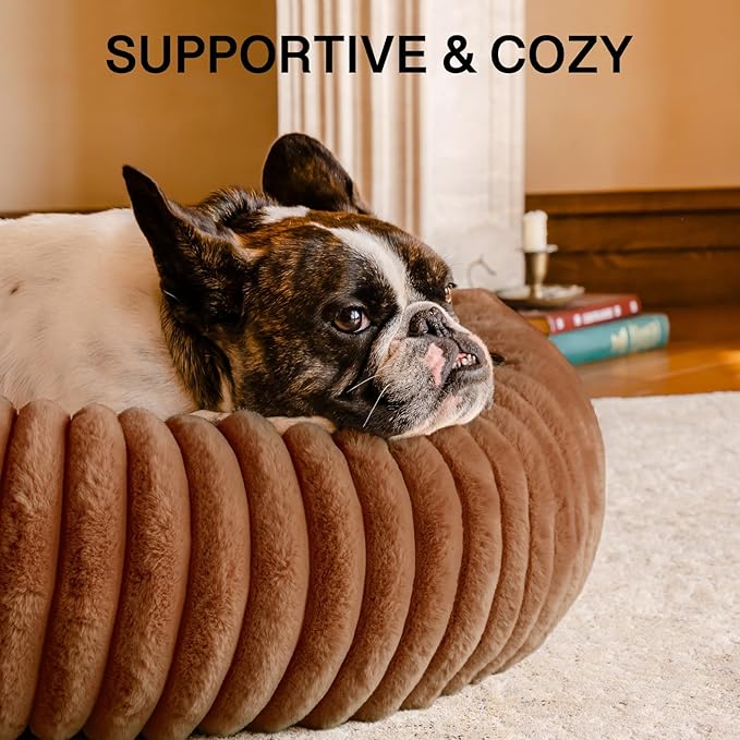 MEWOOFUN Donut Dog Beds for Small Dog, Calming Bed Round Cute Puppy Bed with Non-Slip Bottom, Fluffy Washable Pet Bed for Puppy and Kitten (Dark Brown, M (30x30x8))-Mewly Pet