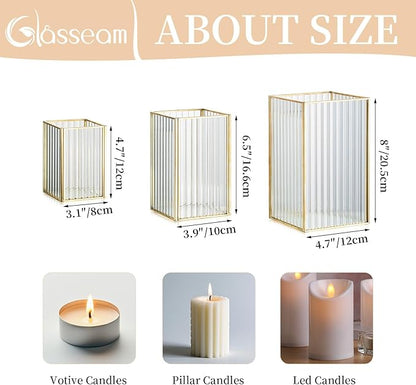Glasseam Hurricane Glass Candle Holder: Ribbed Gold Pillar Candle Holders Set of 3 Square Metal Candle Holders for Table Centerpiece Modern Small Lanterns Decorative Indoor for Christmas Wedding Decor