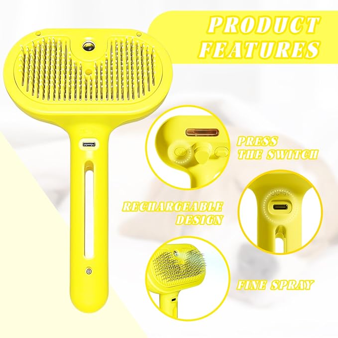 QOQ Self-Cleaning Spray Cat Brush for Shedding, Removes Static Flying Hair, and Works Wonders for Both Long and Short-Haired Pets 2 In 1 Cleaning Brush for Cats And Dogs Grooming (Yellow)-Mewly Pet