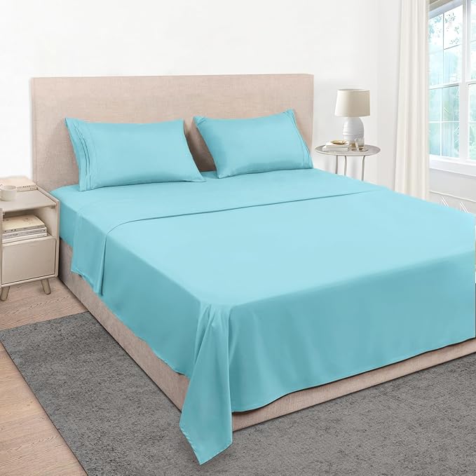 Mejoroom Queen Size Sheet Set - Hotel Luxury 1800 Bedding Sheets & Pillowcases - Deep Pocket Fitted Sheet, Soft, Breathable, Wrinkle & Fade Resistant - 4 Piece (Queen, Baby Blue)