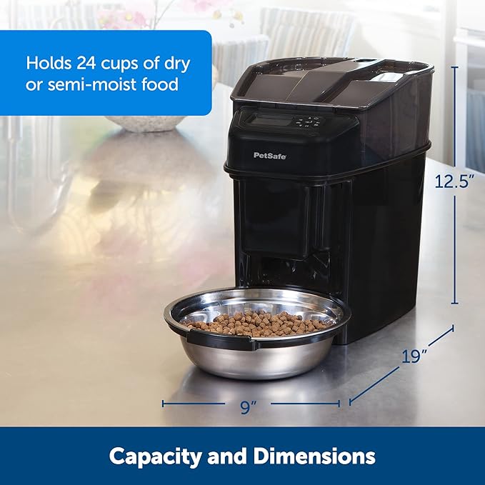 PetSafe Automatic Cat Feeder - Healthy Pet Simply Feed - Automatic Pet Feeder for Cats & Dogs - Timed Pet Feeder with Programmable Portion Control - Holds 24 Cups of Dry or Semi-Moist Dog or Cat Food-Mewly Pet