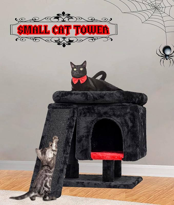 SYANDLVY Gothic Cat Tree with Coffin Bed for Indoor Cats, Cat Tower with Scratching Post, Modern Activity House for Large Cats, Condo with Board, Kittens Cave-Mewly Pet