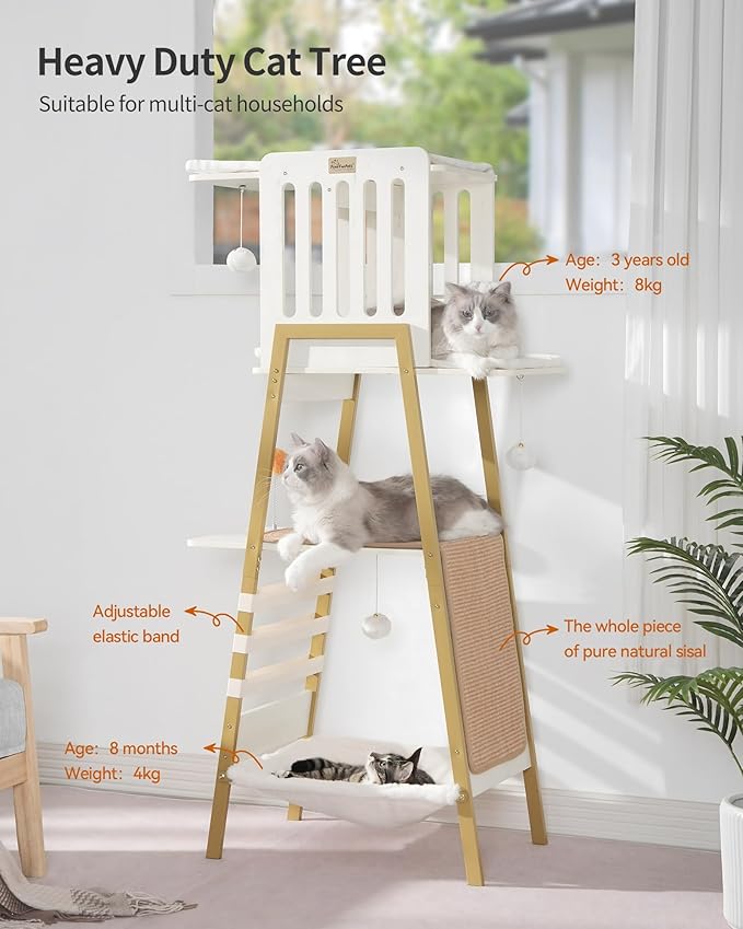 FourFurPets Modern Cat Tree, 58-Inch Cat Tower for Large Cats, Maine Coon Cat Tree with Scratching Board, Large Perch, Hammock and Removable Pads, White-Mewly Pet