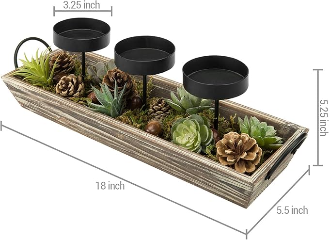 MyGift Solid Torched Wood Candlescape Display Tray Set with Metal Pillar Candle Holder and Decorative Fake Succulent Plants and Pine Cones - Holds 3 Candles