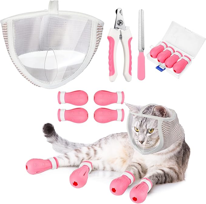 LEIFIDE 7 Pcs Cat Muzzle for Grooming Including 1 Muzzle Bathing 4 Boots 2 Nail Clippers Trimmer Breathable Anti Bite Mask Shoes for Cats Anti Scratch Paw Covers for Pet Grooming Shaving Bathing-Mewly Pet