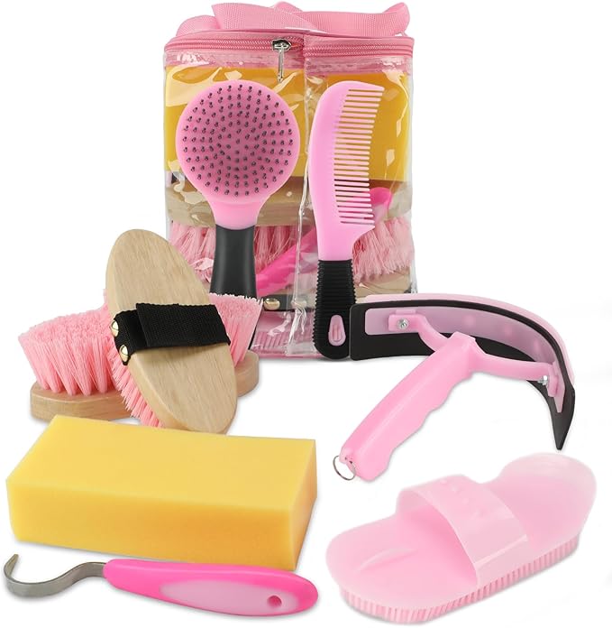 Horse Grooming Kits, 9 Pieces Pink, Includes Tote Bag, Bathing Supplies Sweat Scraper Bathing Sponge, Hoof Pick, Curry Comb for Horse Riders Beginners-Mewly Pet