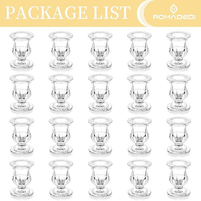 20 Pcs Glass Taper Candle Holders - Romadedi Clear Small Candlestick Holder Bulk, Thicker Glass Candle Sticks Set for Wedding Christmas Party Dining Table Table Centerpiece Decor
