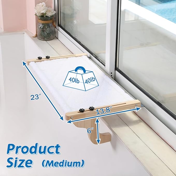 Easy Seat Cat Perch for Window Sill - Hammock Design w/Pine Wood & Robust Metal Frame - Cat Window Seat for Large Cats and Kittens (Natural Color Wood w/White Bed, Medium (23''W x 14''D))-Mewly Pet