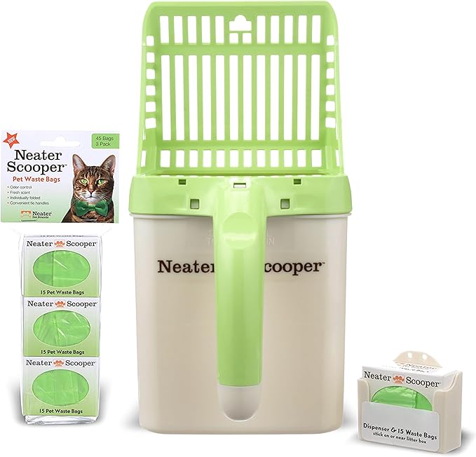 Neater Pet Brands Neater Scooper Standard Cat Litter Scoop, 60 Refill Bags – Mess-Free Cat Litter Scooper with Bag, Spill-Proof Kitty Box Sifter, Bin Doubles as Scoop Holder, For Single-Cat Households-Mewly Pet
