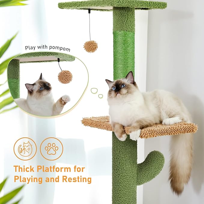 PAWZ Road Cat Tree, Cactus Floor to Ceiling Cat Tower with Adjustable Height(95-108 Inches), 5 Level Cat Climbing Tower with Cozy Hammock, Platforms and Dangling Balls for Indoor Cats-Mewly Pet