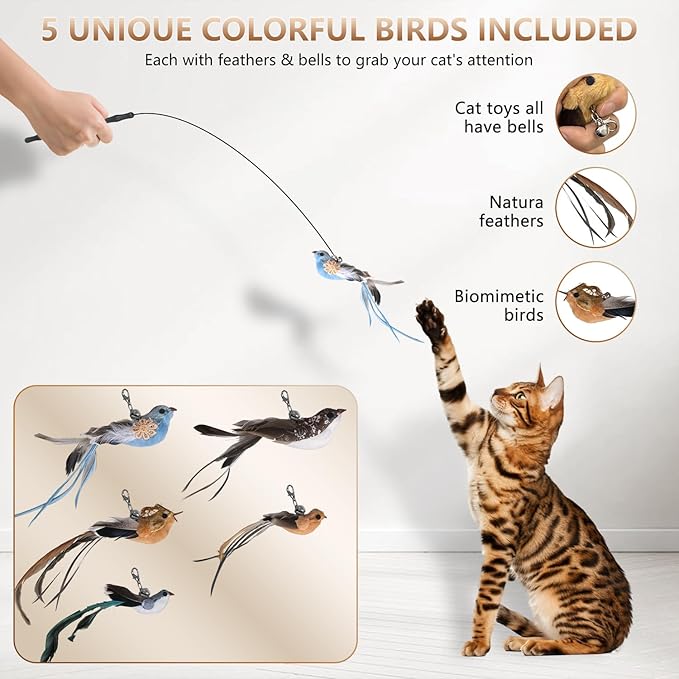 Cat Toys for Indoor Cats, Interactive Bird Cat Toy Self-Holding Suction Base with 5 Replaceable Birds, Door Hanging String, Feathers & Bells | Chase, Jump & Exercise for Kittens/Adult Cats-Mewly Pet