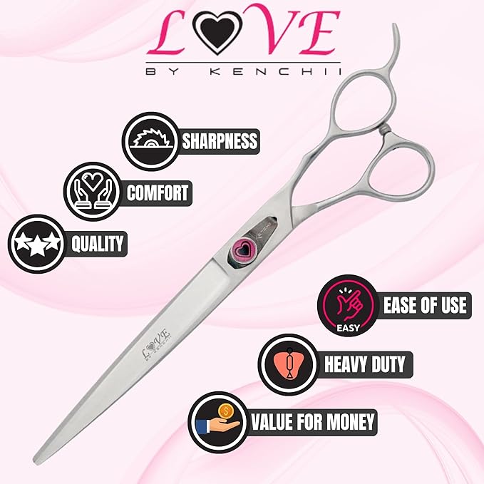 Kenchii Love Dog Grooming Scissors, 8 Inch Straight Shears, Dog Scissors for Grooming, Professional Pet Grooming Scissors, Heavy Duty, Durable and Sharp-Mewly Pet