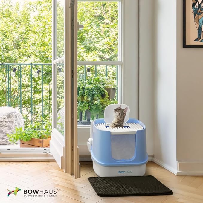 Fully Enclosed Cat Litter Box w/Lid, Scoop, Cat Mat & Odor Fitter, Large Plastic Cat Toilet with Double Door, Anti-Splashing Cat Litter Box with Lockable Front Door, Blue-Mewly Pet