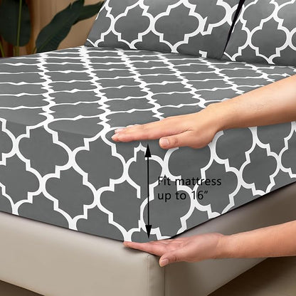Mejoroom Queen Bed Sheet Set - Super Soft Brushed Microfiber 1800 Thread Count Queen Sheets with 16 inch Deep Pocket - Wrinkle Free - 4 Piece(Queen, Gray Quatrefoil with White Pattern)