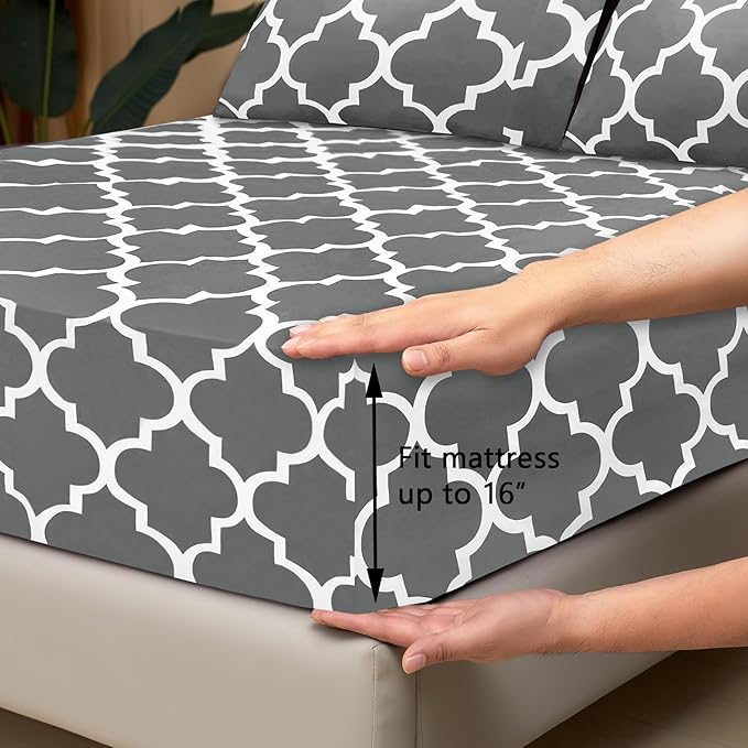 Mejoroom Full Bed Sheet Set - Super Soft Brushed Microfiber 1800 Thread Count Sheets with 16 inch Deep Pocket - Wrinkle Free - 4 Piece(Full, Gray Quatrefoil with White Pattern)