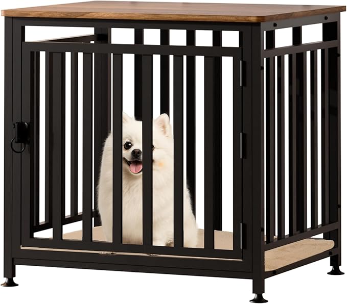 Dog Crate Furniture for Small Dogs, Dog Kennel Indoor, Anti-Chew Anti-Escape with Bed Crate Pad End Side Table Wooden Dog Crate,Steel-Tube Dog Cage, Rustic Brown-Mewly Pet