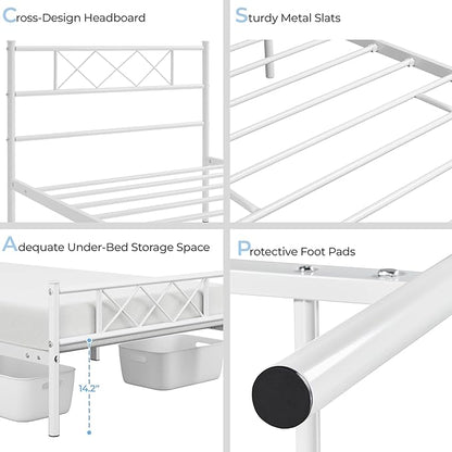 Yaheetech Twin Size Metal Platform Bed Frame with Simple Headboard and Footboard, Mattress Foundation for Under Bed Storage, Steel Slat Support, No Box Spring Needed, Easy Assembly, White