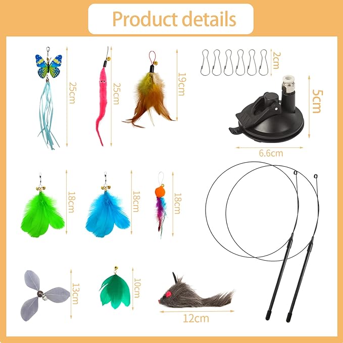 Cat Toys Wand Hands-Free Interactive with Super Suction Cup Sticky Detachable 9Pcs Refills 2 Stick for Indoor (Cat Wand with Suction Cup)-Mewly Pet
