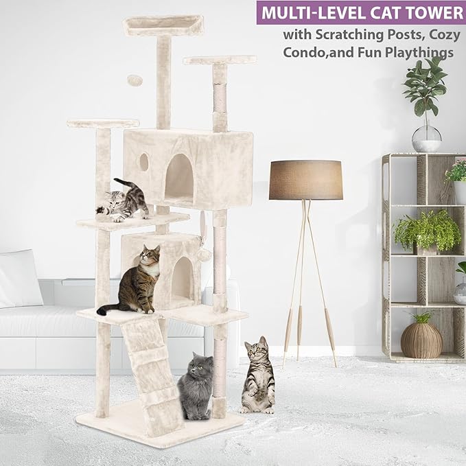 70 Inches Cat Tower for Indoor Cats Multi-Level Cat Condos XL Cat Tree Climbing Tower with Scratching Posts, Hanging Toys, Beige-Mewly Pet