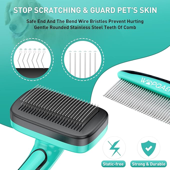 Dog Brush Kit for Grooming Short Long Haired Cats, 3 in 1 Dog Grooming Set for Small Animals, Puppy Self-Cleaning Slicker Brush for Shedding Medium & Large Dogs. Free Pet Comb + Nail Clippers-Mewly Pet