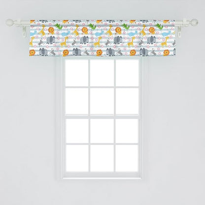 Ambesonne Savannah Window Valance Pack of 2, Friendly Zoo Animals with Happy Faces Cartoon Characters on Stripes Print, Rod Pocket Curtain Valances for Kitchen Bedroom, 42" X 12", Pale Azure Blue