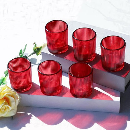 VOHO 24pcs Red Votive Candle Holders for Table Centerpiece, Ribbed Tealight Candle Holder for Christmas & Valentine's Day Decor, Vintage Glass Votive Holder for Gifts