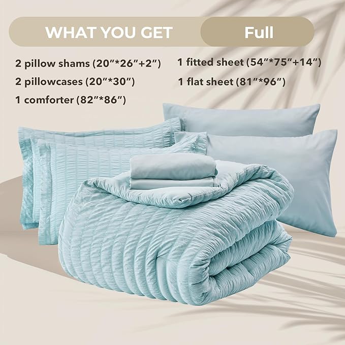 HYMOKEGE Lake Blue Full Size Comforter Sets Seersucker 7 Pieces, All Season Luxury Bed in a Bag for Bedroom, Bedding Set with Comforters, Sheets, Pillowcases & Shams
