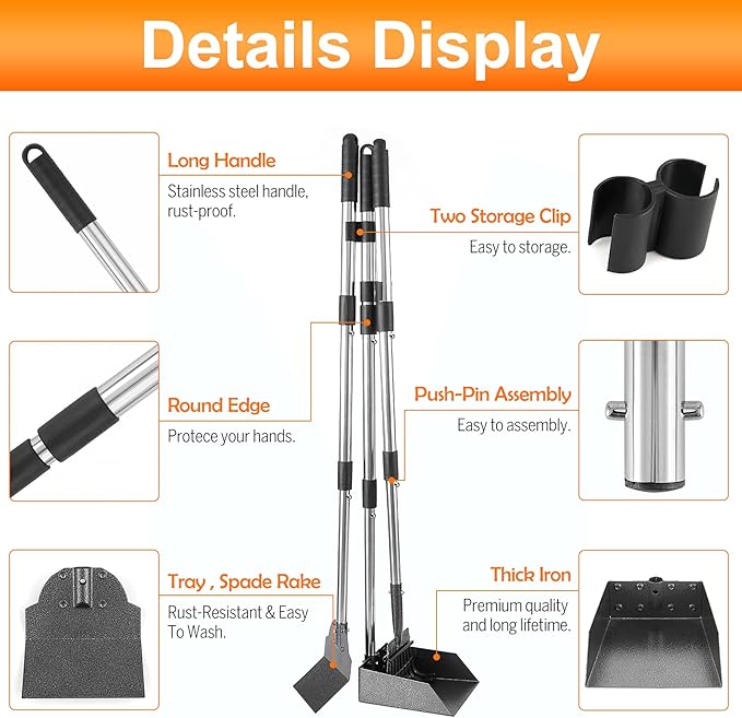 Dog Pooper Scooper, Adjustable Handle Poop Scooper with Tray,Rake and Spade Set of 3, Steel Stainless Poop Scoop for Small Medium Dogs and Pet Waste on Grass, Dirt and Gravel (Medium Size)-Mewly Pet