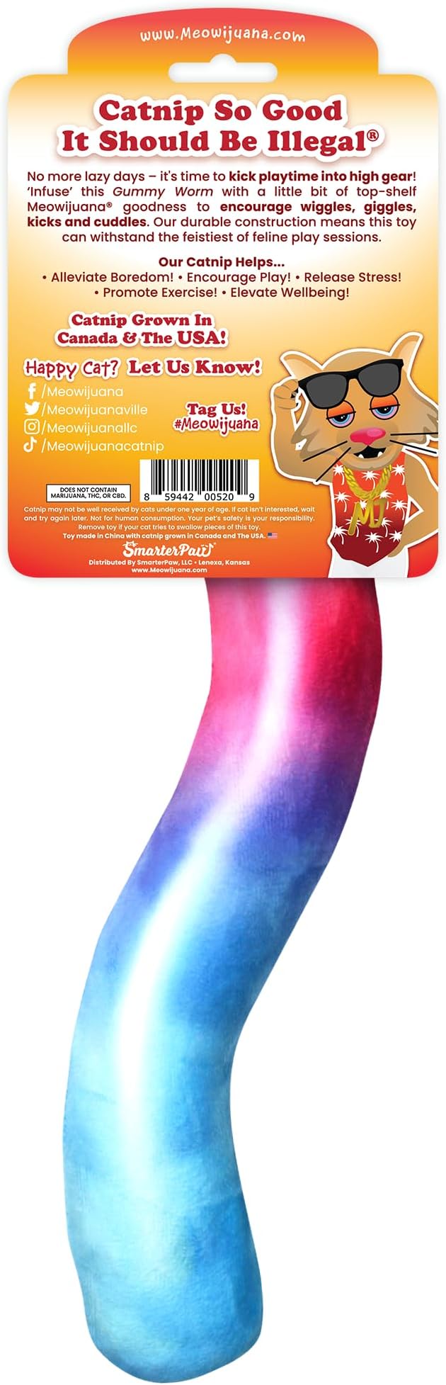 Meowijuana Kicker Toy for Cats | Get Kickin' Gummy Worm | Refillable Kicker Catnip Toy | Promotes Play and Cat Health | Includes Potent Hand Harvested Catnip Grown in North America-Mewly Pet