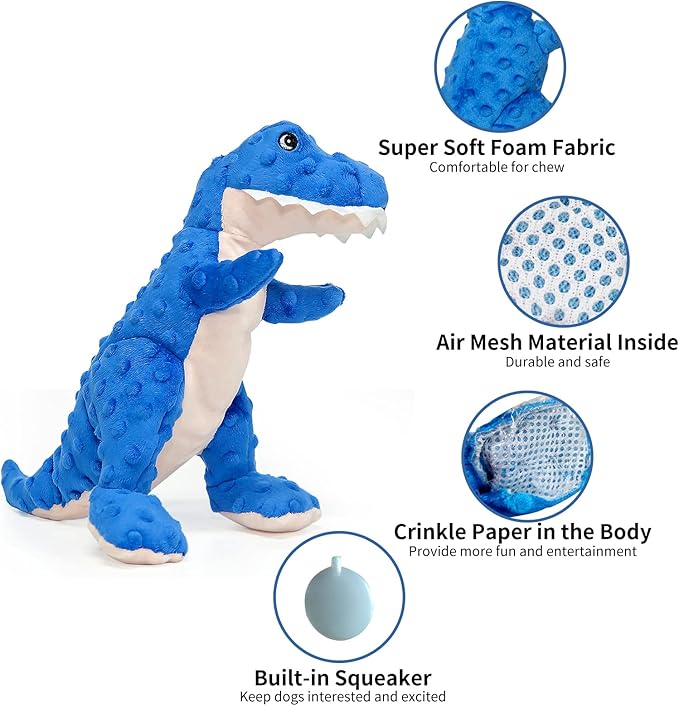 DODODOLA Dog Toys Dinosaur Dog Toy Blue Stuffed Animals Chew Toy Plush Squeaky Dog Birthday Toys for Small Large Big Dogs-Mewly Pet