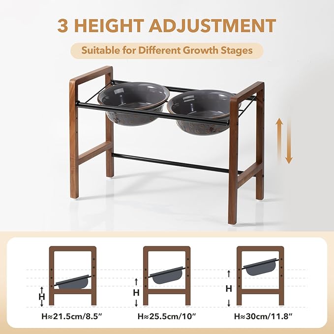 8.7inch Ceramic Adjustable Raised Double Bowls Set with Stand, 3 Heights Elevated, 2 Placement Options,Food and Water Dishes for Large Dog(Double Bowls+Stand, Reactived Glaze -Grey)-Mewly Pet