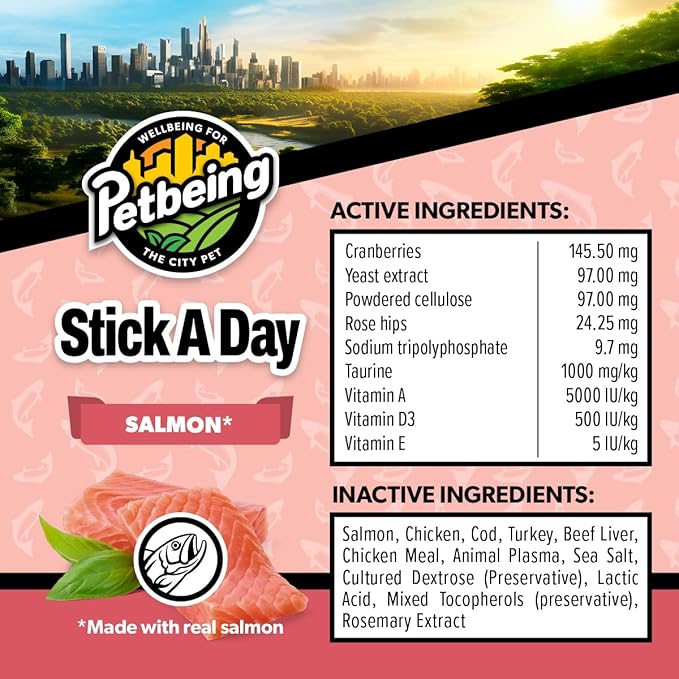 Stick a Day | Specially Formulated 7-in-1 Functions Daily Real Meat Supplement for Cats | Cat Chew Stick & Pet Vitamins Supplements Combination (7-Pack x 4, Salmon)-Mewly Pet