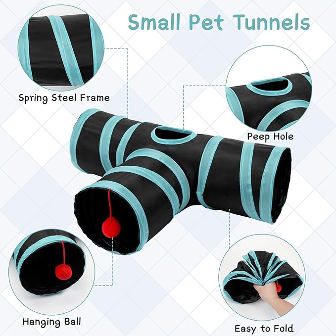 Rypet Guinea Pig Tunnel, 3 Way Collapsible Rabbit Tunnel, Small Pet Tunnels and Tubes with Interactive Ball for Rabbit Ferret Hamster Chinchilla Hedgehog Hiding and Resting-Mewly Pet