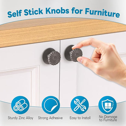 Self Adhesive Drawer Knobs, Self Stick Door Pull Handles, Zinc Alloy No Drilling Cabinet Knobs for Drawer, Closet, Window, Dresser, Sliding Barn/Glass Shower/Balcony Door (1, Grey)