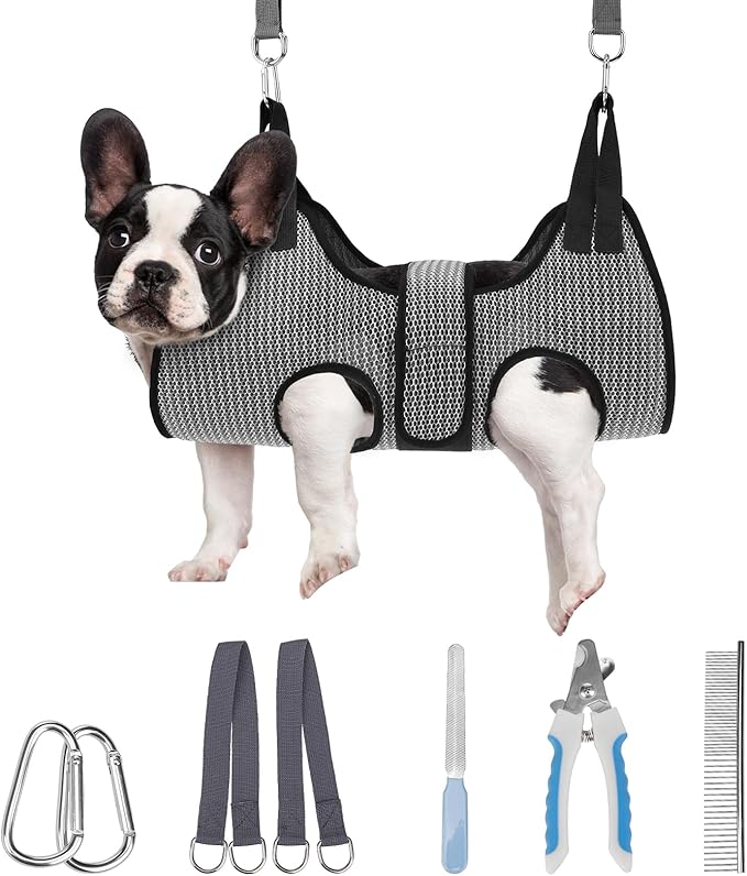 PAWCHIE Dog Grooming Hammock Harness for Dogs & Cats with Pet Nail Clipper Trimmer- Breathable Cat Hanger Sling for Trimming Clipping Nails-Dog Hammock Restraint Bag for Small Medium Large Dog, Grey S-Mewly Pet
