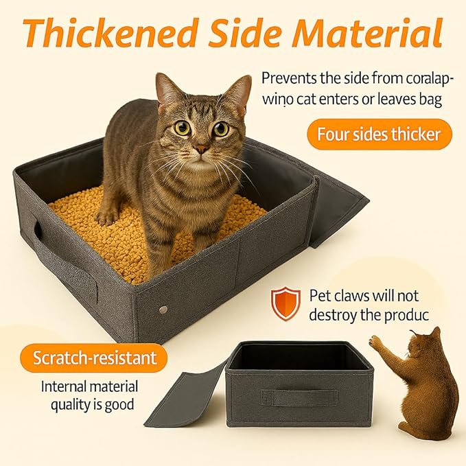 Portable Travel Litter Box for Cats, Small Foldable Travel Cat Litter Box with Zipped Lid, No Smell, Waterproof, Leak-Proof, for Car Hotel and Outdoor, Grey-Mewly Pet